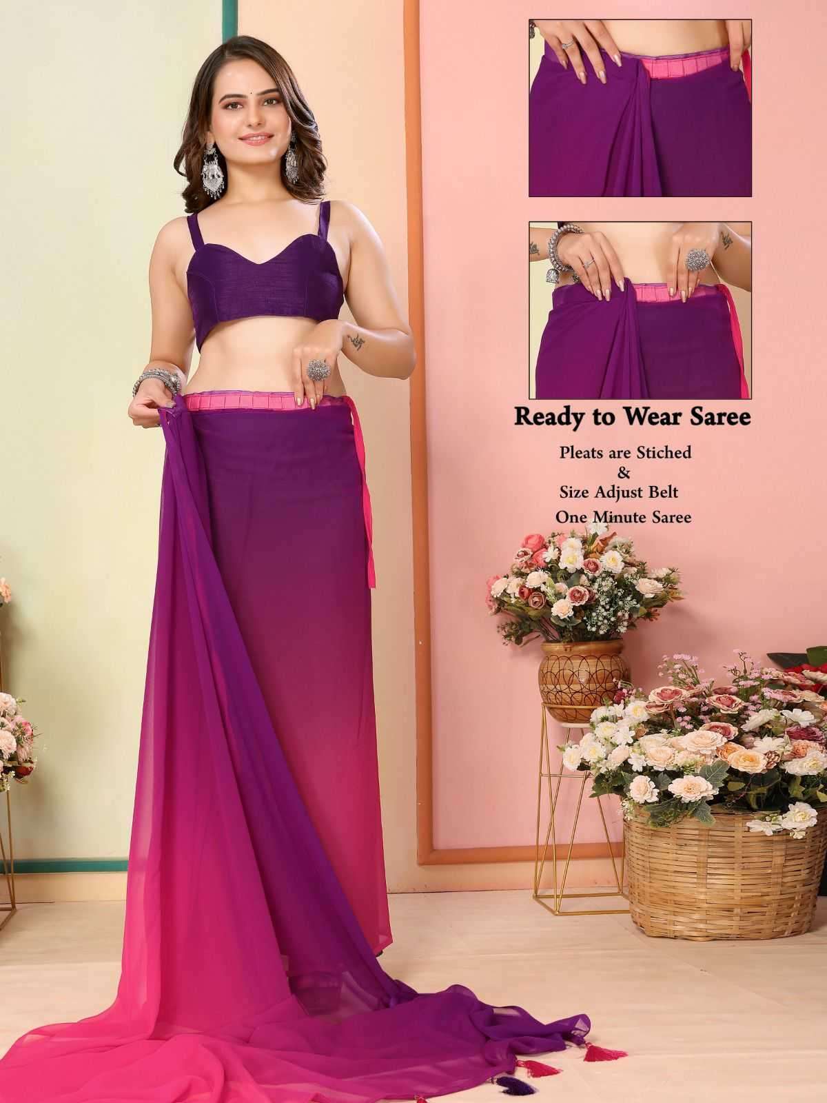 korea stylish georgette pleats are stitch size adjust belt one minute saree
