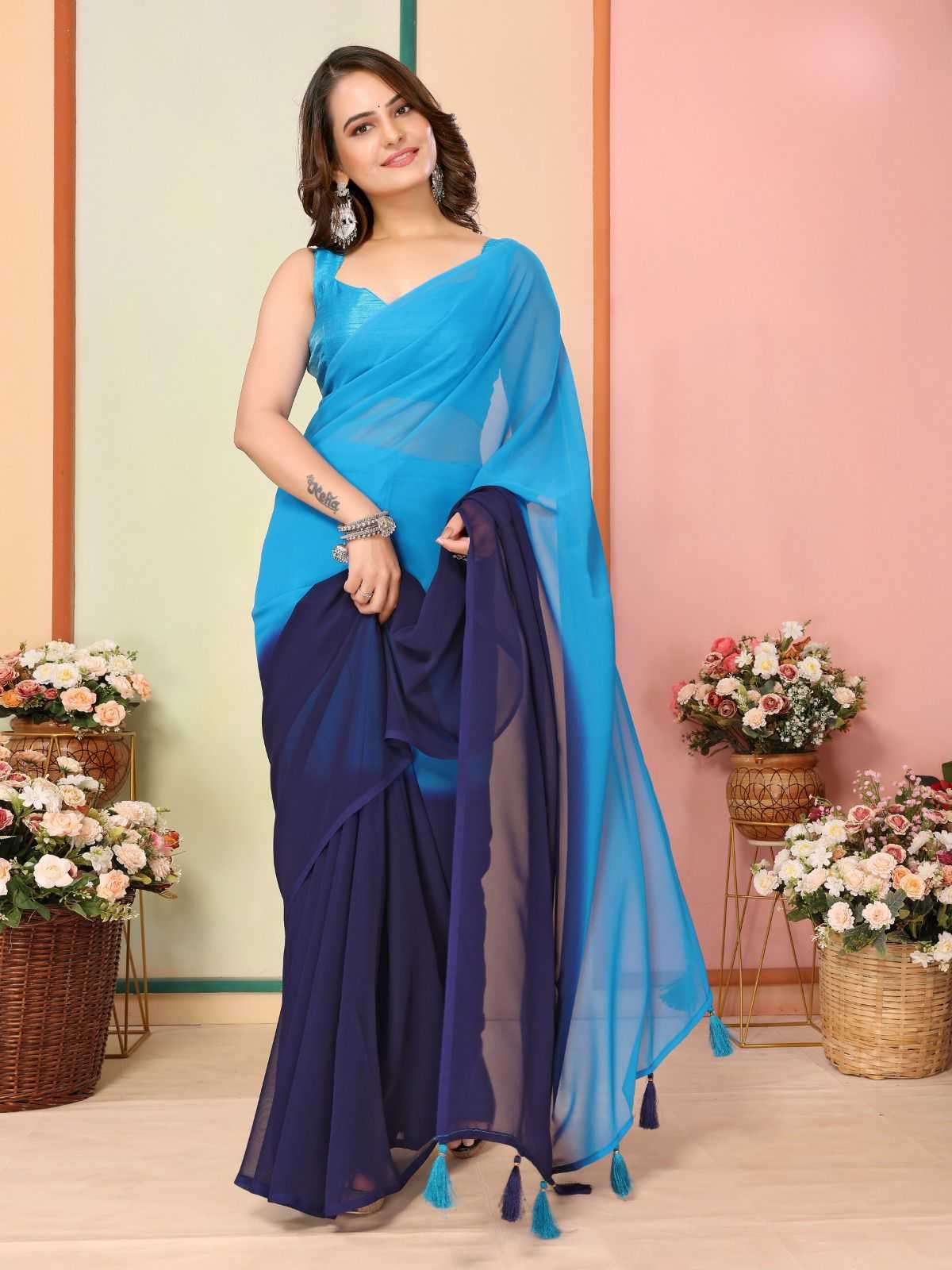 korea stylish georgette pleats are stitch size adjust belt one minute saree
