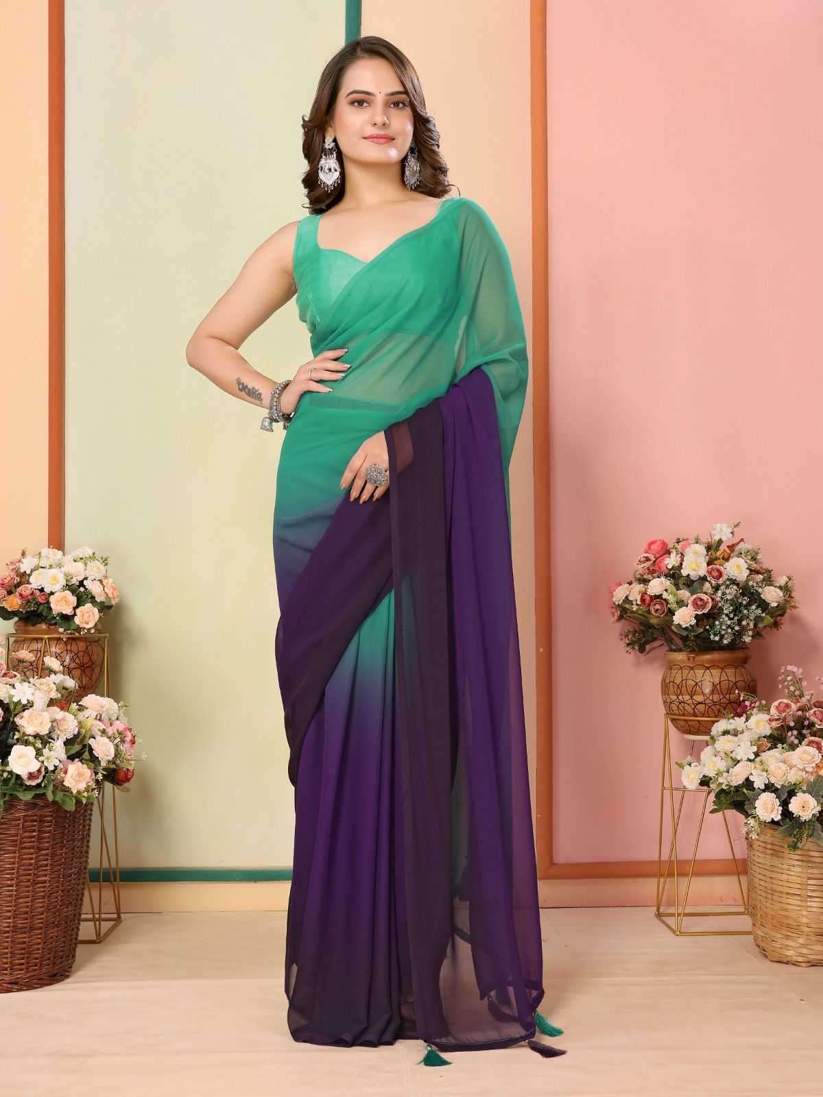 korea stylish georgette pleats are stitch size adjust belt one minute saree