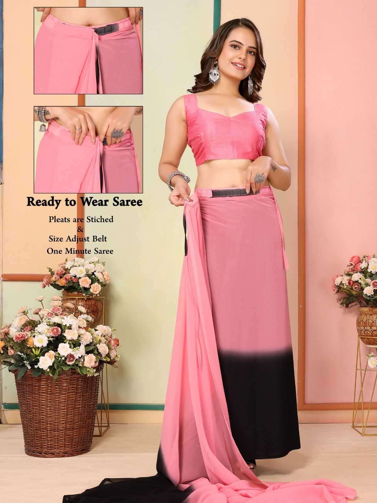 korea stylish georgette pleats are stitch size adjust belt one minute saree