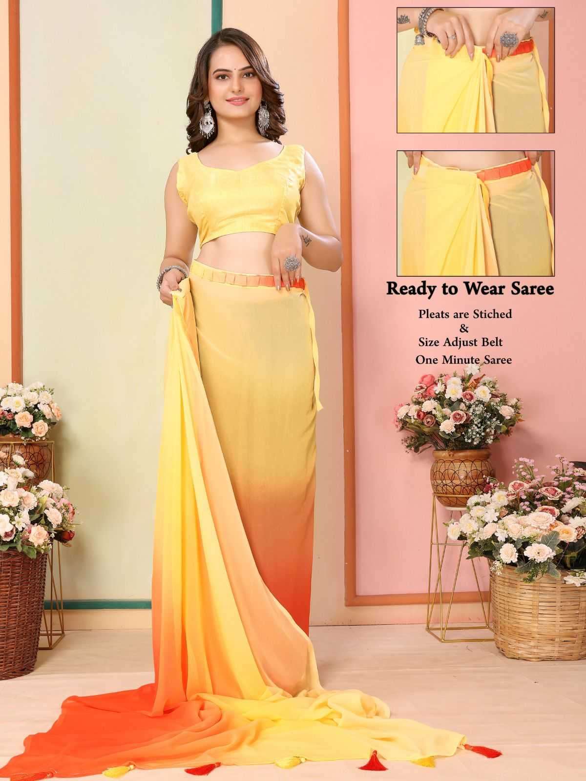 korea stylish georgette pleats are stitch size adjust belt one minute saree