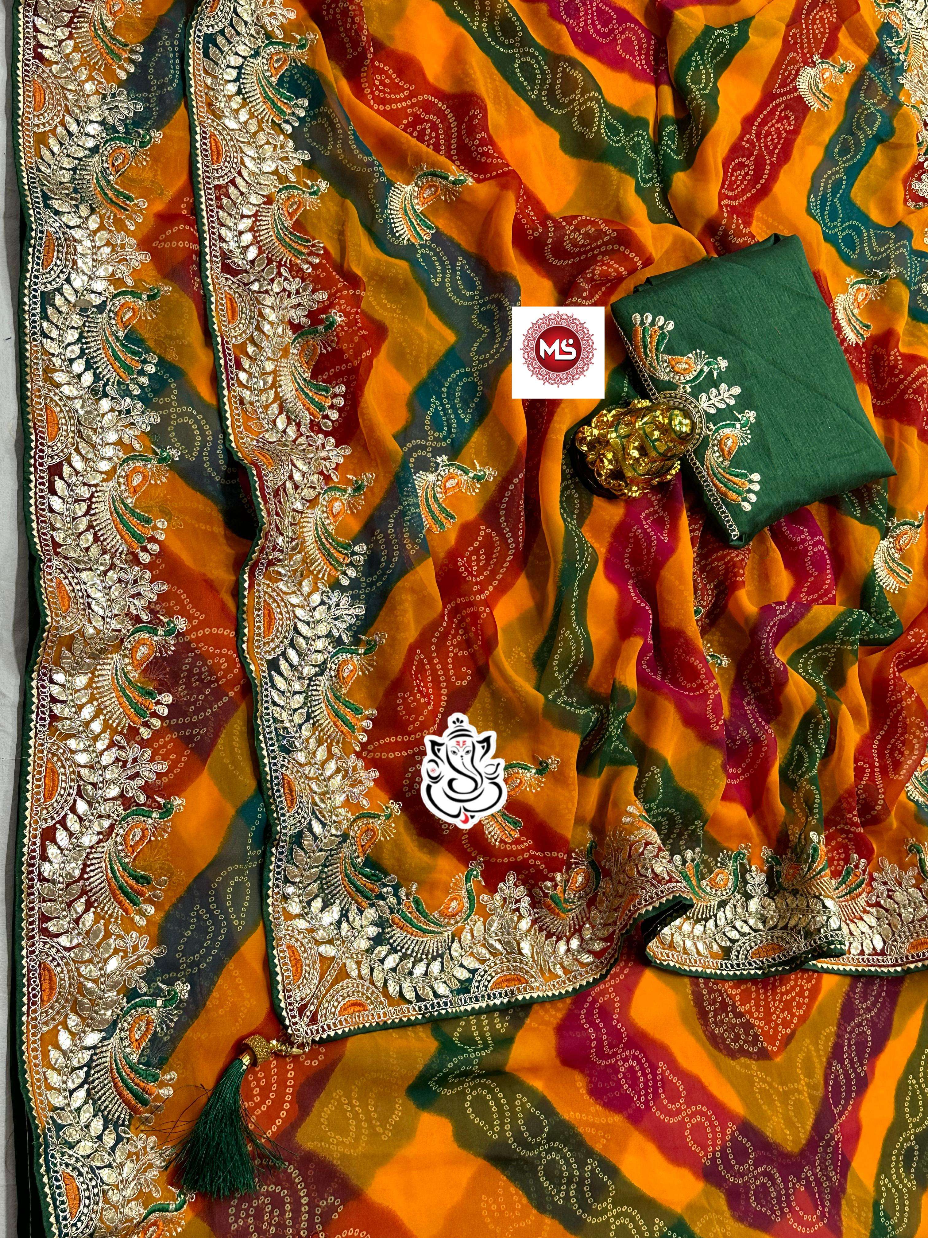 MS brand in bandhej YELLOW +Red heavy georgatte bandhej saree
