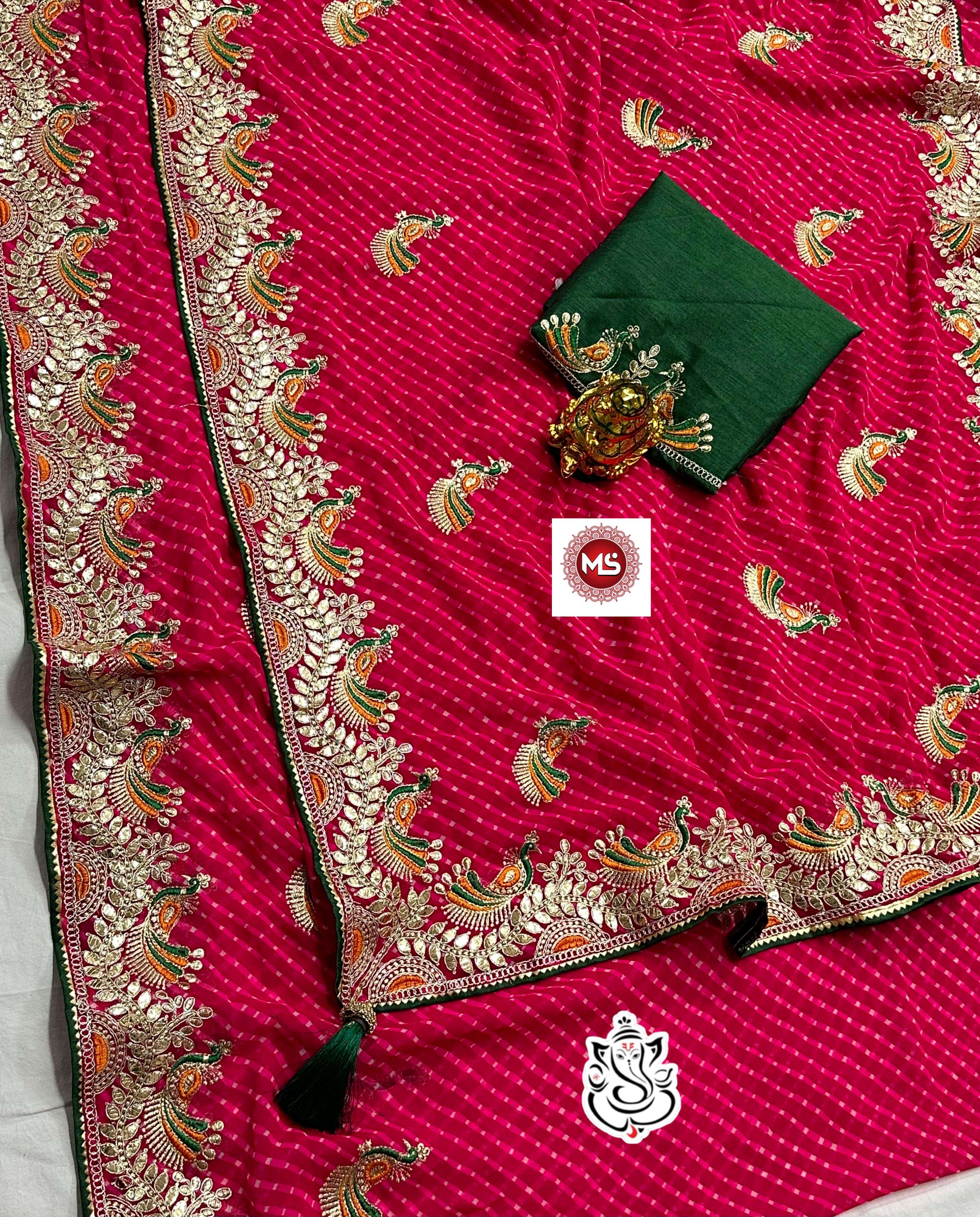 MS brand in bandhej YELLOW +Red heavy georgatte bandhej saree