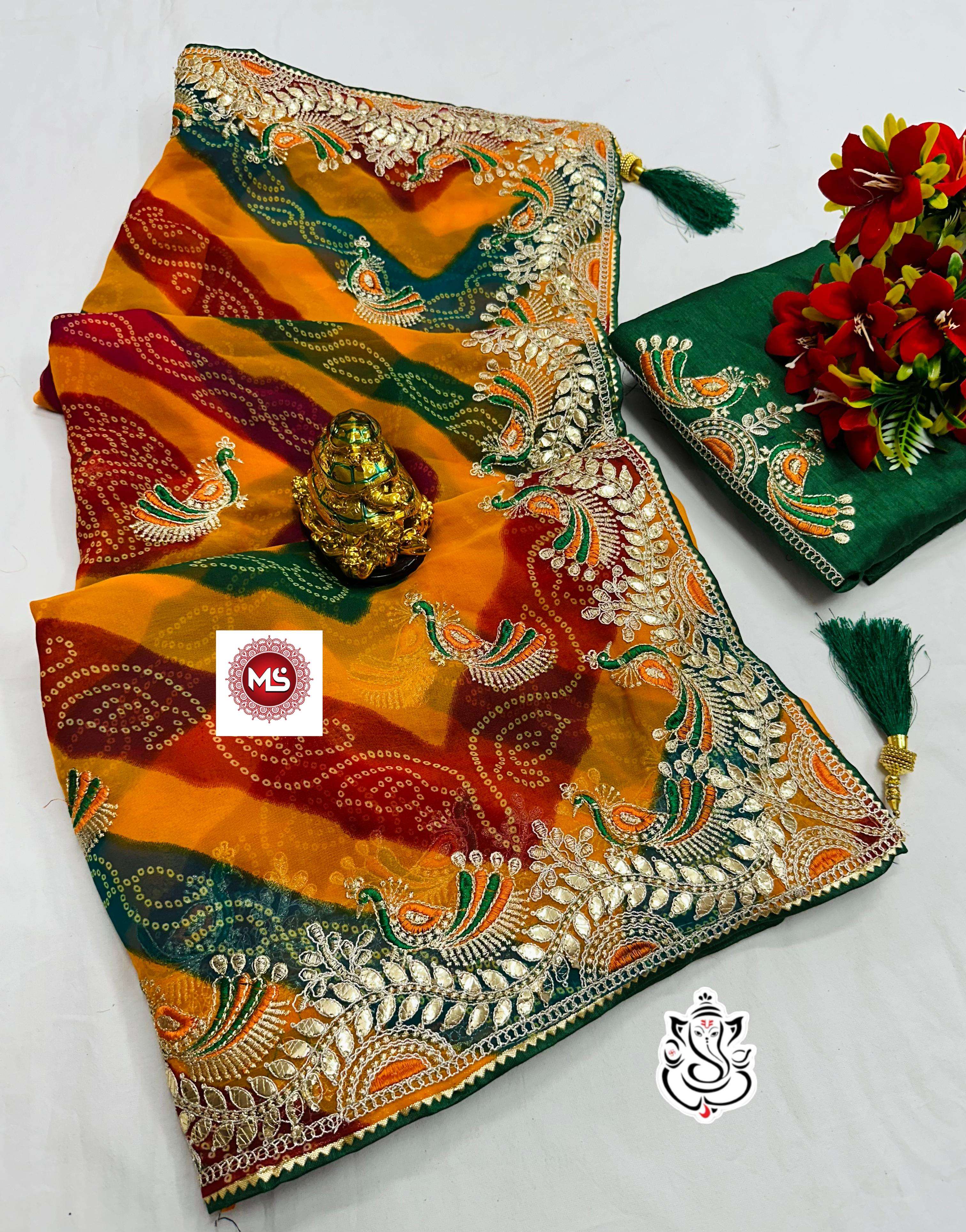 MS brand in bandhej YELLOW +Red heavy georgatte bandhej saree