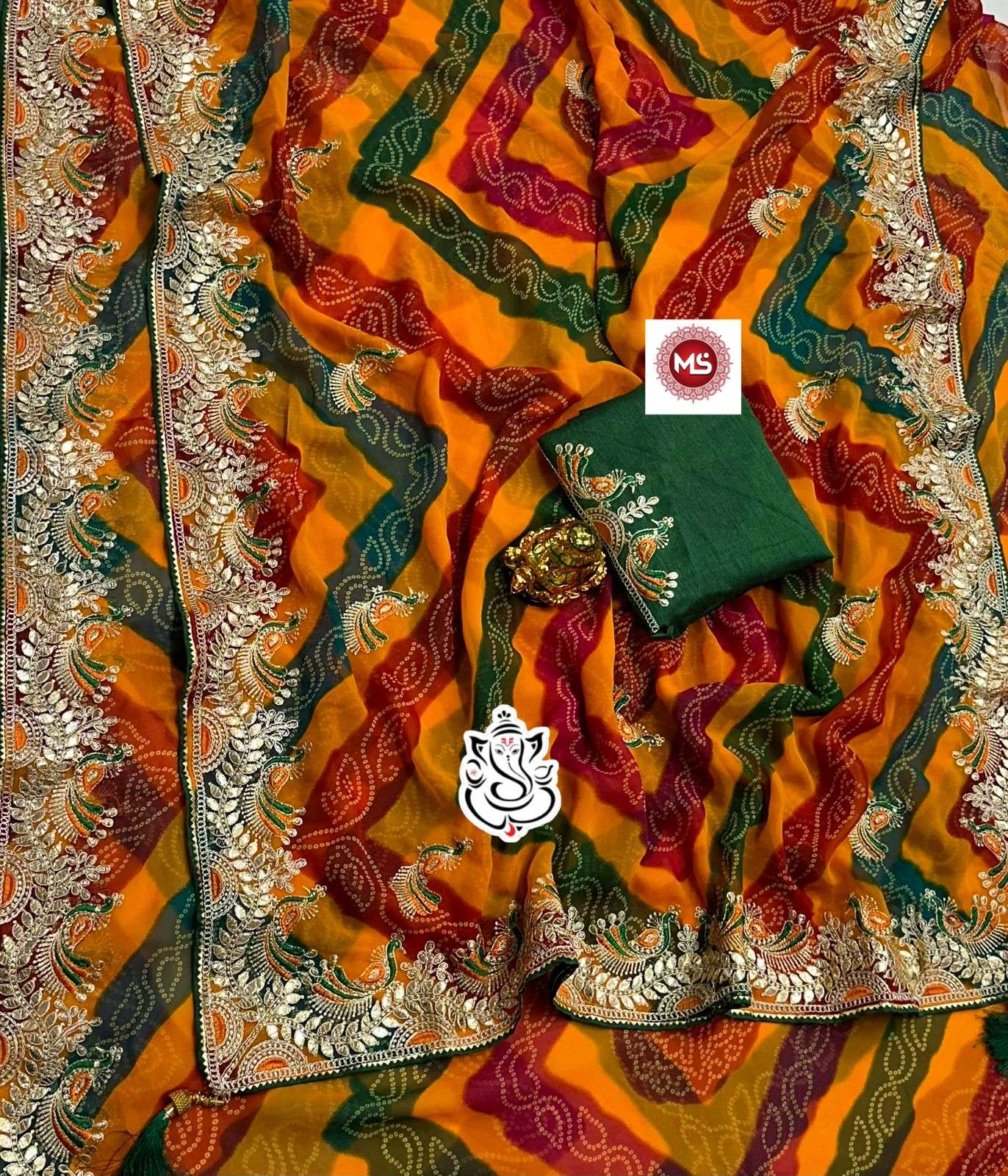 MS brand in bandhej YELLOW +Red heavy georgatte bandhej saree