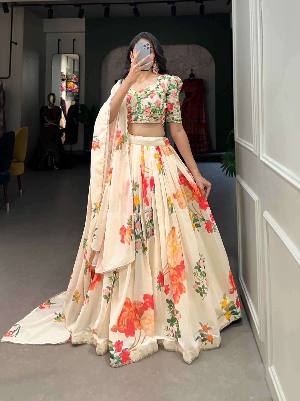 pr lnb1021 Georgette Floral Print With Lace Border lehenga