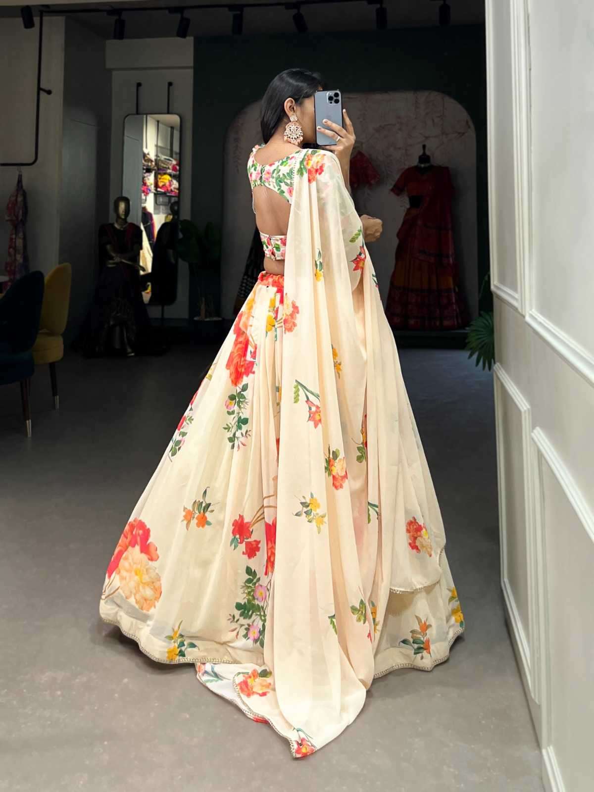 pr lnb1021 Georgette Floral Print With Lace Border lehenga
