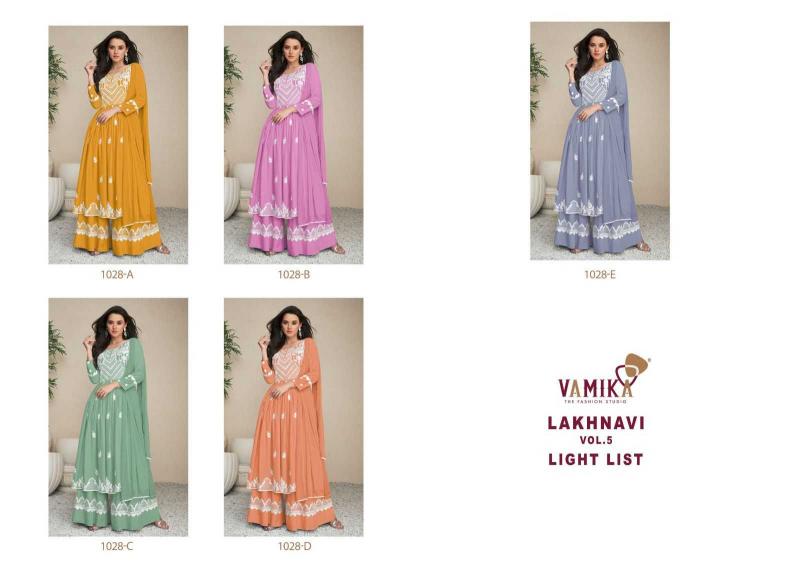vamika lakhnavi vol 5 light color series 1028 heavy rayon readymade suit 