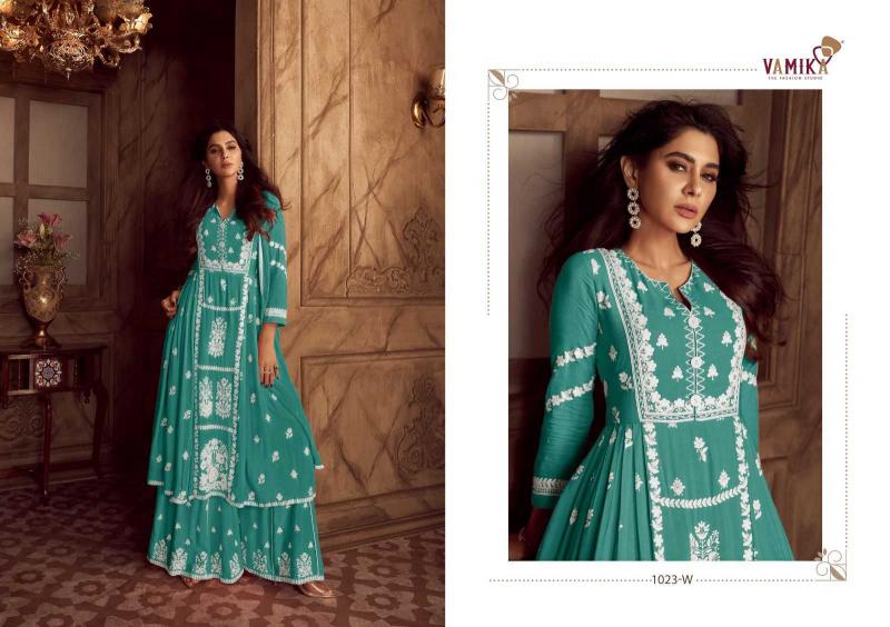 lakhnavi vol 4 light color by vamika rayon white thread full stitch party wear dress