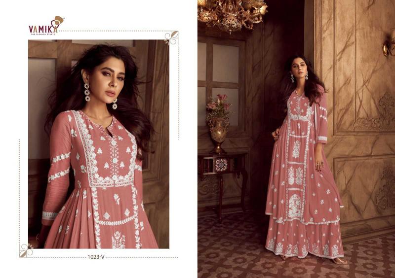 lakhnavi vol 4 light color by vamika rayon white thread full stitch party wear dress