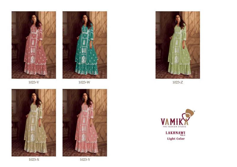 lakhnavi vol 4 light color by vamika rayon white thread full stitch party wear dress