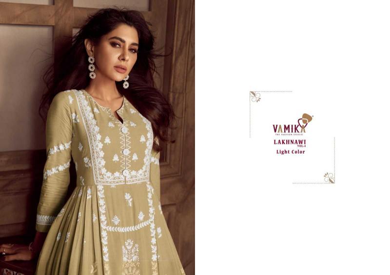 lakhnavi vol 4 light color by vamika rayon white thread full stitch party wear dress