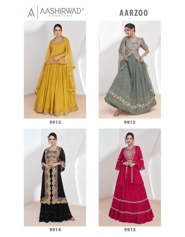 Aashirwad Creation Aarzoo Series 9912-9915 Wedding Wear Free Size Readymade Salwar Suit for Wholesale 