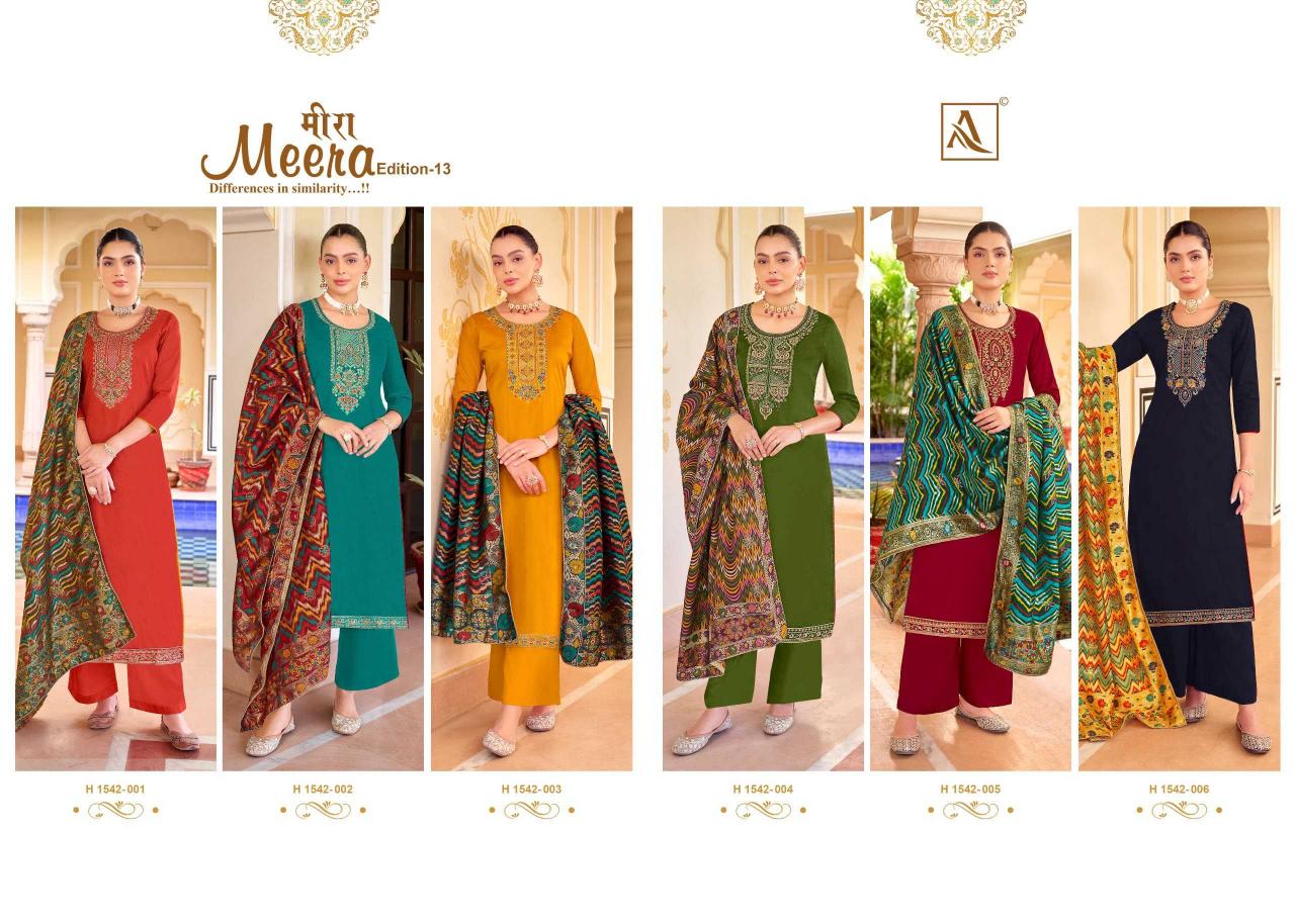 Alok Suit Meera Vol 13 Series 1542001 To 1542006 Fancy Work Designer Salwar Kameez Catalogue Wholesale Price 