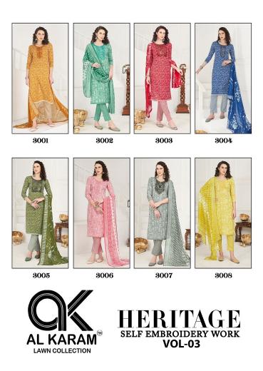 Alkaram Heritage Vol-3 Series 3001-3008 Cotton | Wholesale Salwar Kameez in Surat