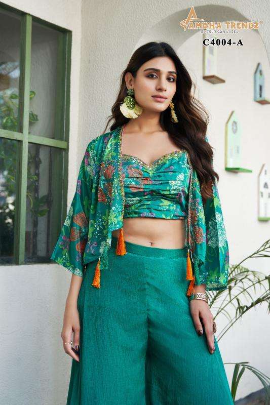 amoha c4004 chinon green color crop top with floral print shrug with bottom