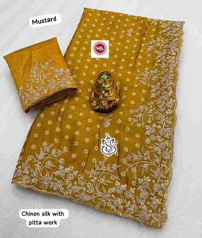 MS Brand Fancy Chinon Silk Saree with Pitta Work Wholesale Sarees in Surat