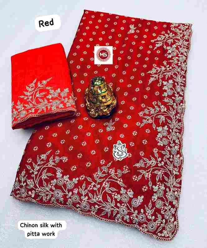 MS Brand Fancy Chinon Silk Saree with Pitta Work Wholesale Sarees in Surat