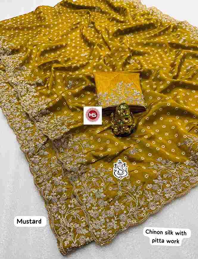 MS Brand Fancy Chinon Silk Saree with Pitta Work Wholesale Sarees in Surat