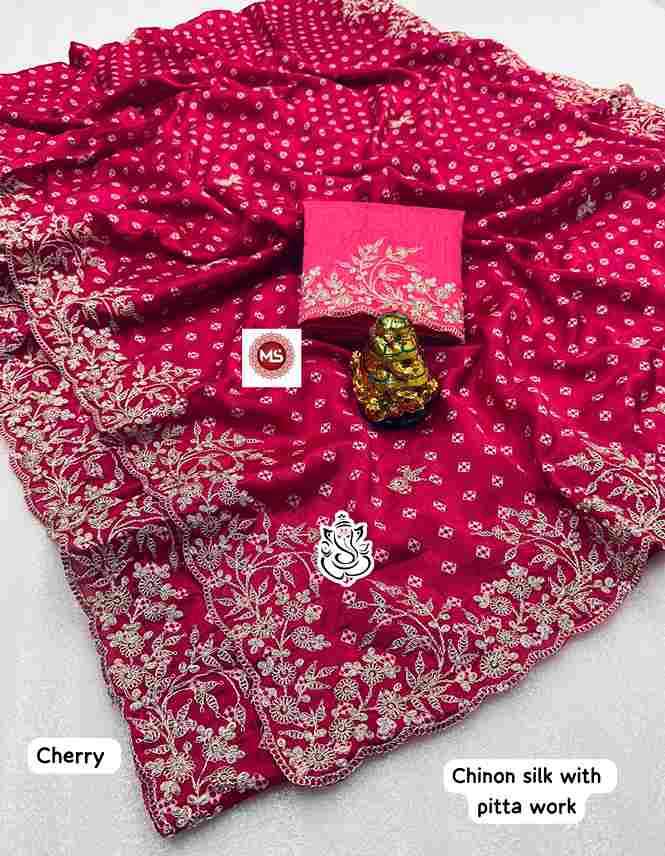 MS Brand Fancy Chinon Silk Saree with Pitta Work Wholesale Sarees in Surat