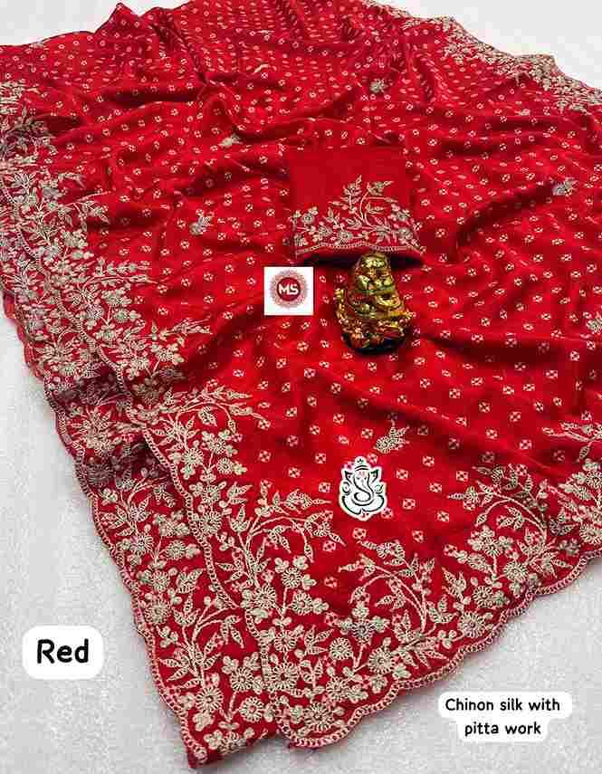 MS Brand Fancy Chinon Silk Saree with Pitta Work Wholesale Sarees in Surat