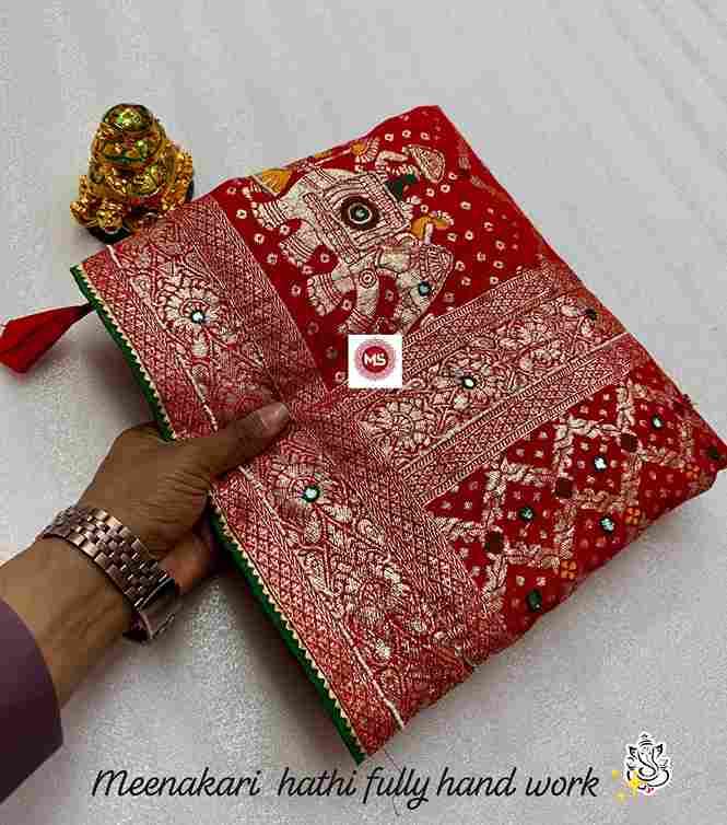 MS Brand Meena Hathi X Handwork Dola Silk Meenakari Hathi & Cutdana Plus Moti Khatli Handwork Wholesale Saree in Surat