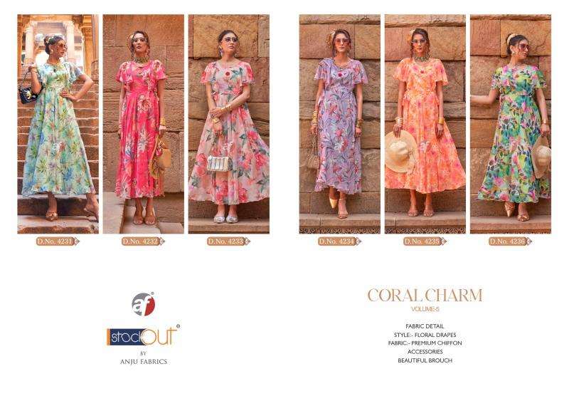 Anju fab coral charm vol 5 series 4231-4236 chiffon wholesale kurti