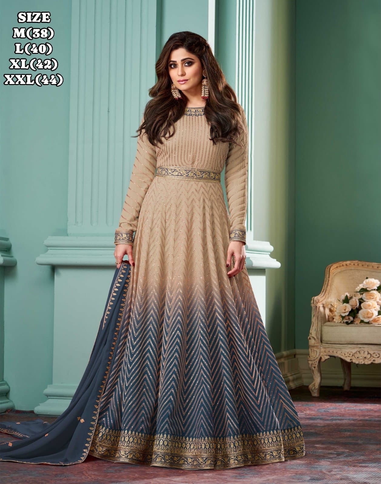 AASHIRWAD ALIZZA CHIKU SHADED NEW COLORS REAL GEORGETTE gown with dupatta 