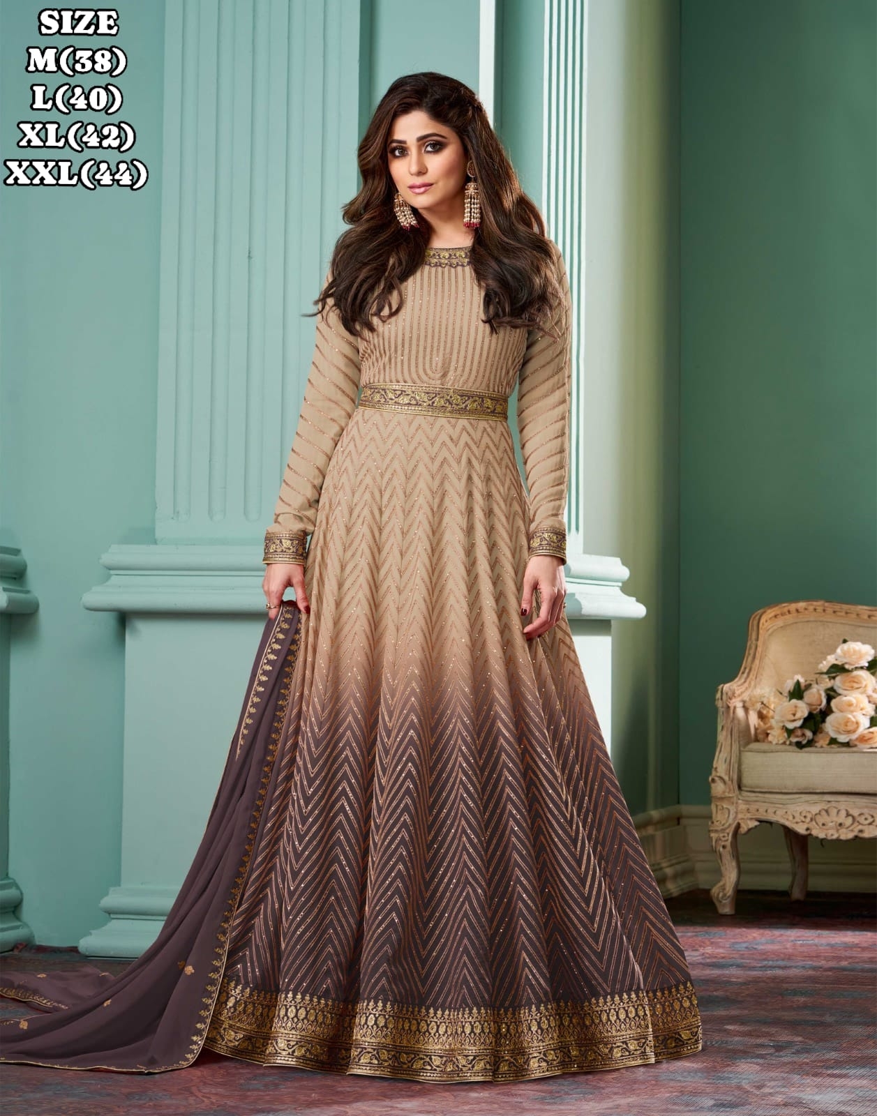 AASHIRWAD ALIZZA CHIKU SHADED NEW COLORS REAL GEORGETTE gown with dupatta 
