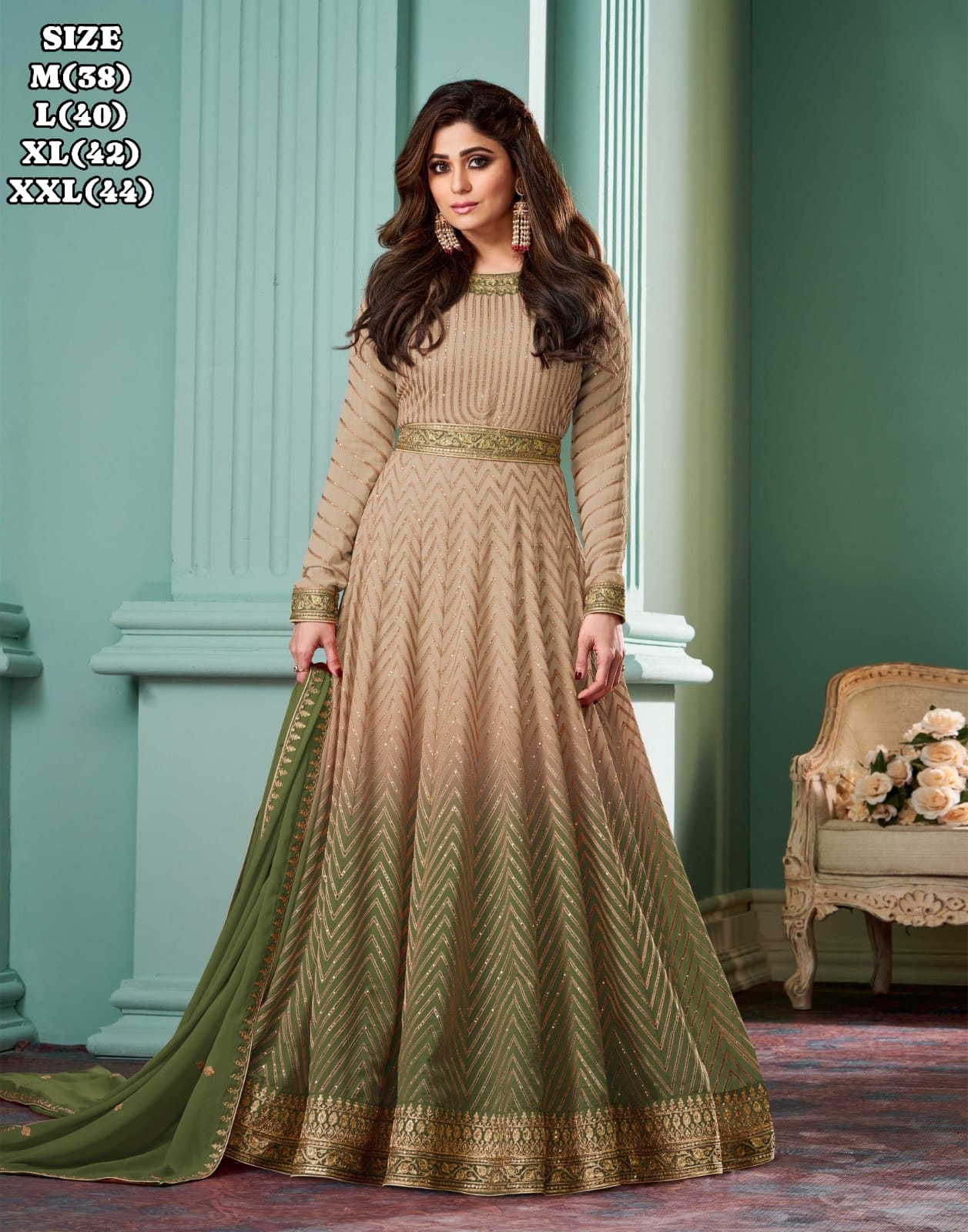 AASHIRWAD ALIZZA CHIKU SHADED NEW COLORS REAL GEORGETTE gown with dupatta 