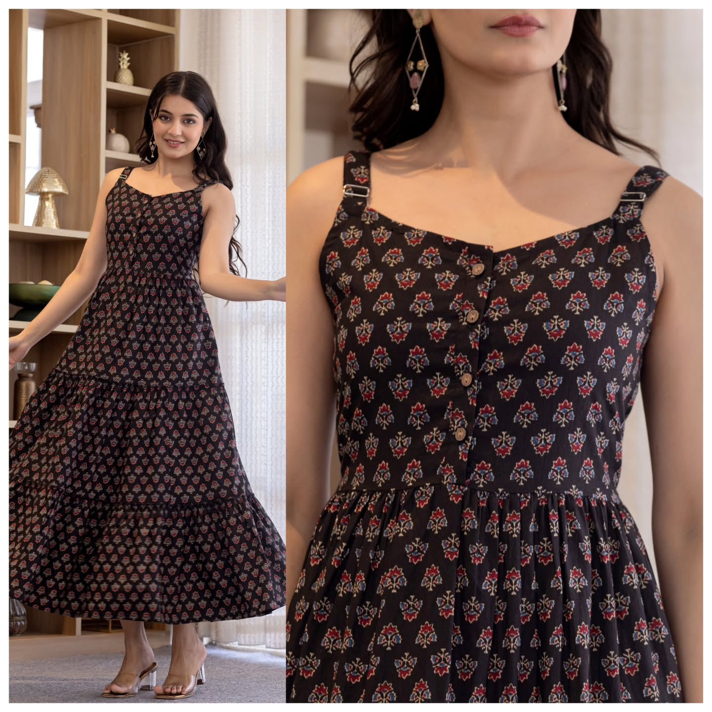 Coral Cotton print leeveless Ruffle Maxi Dress 