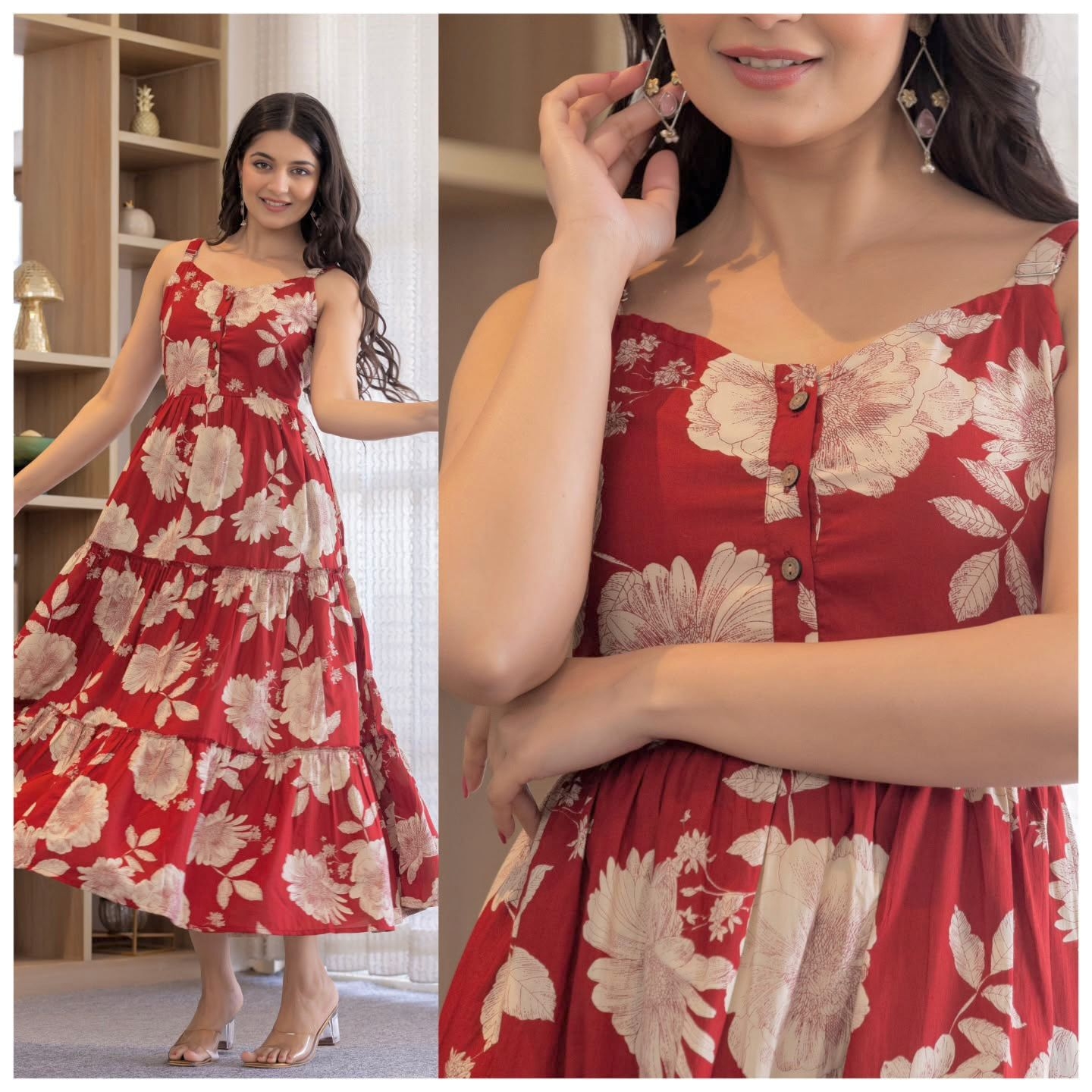 Coral Cotton print leeveless Ruffle Maxi Dress 