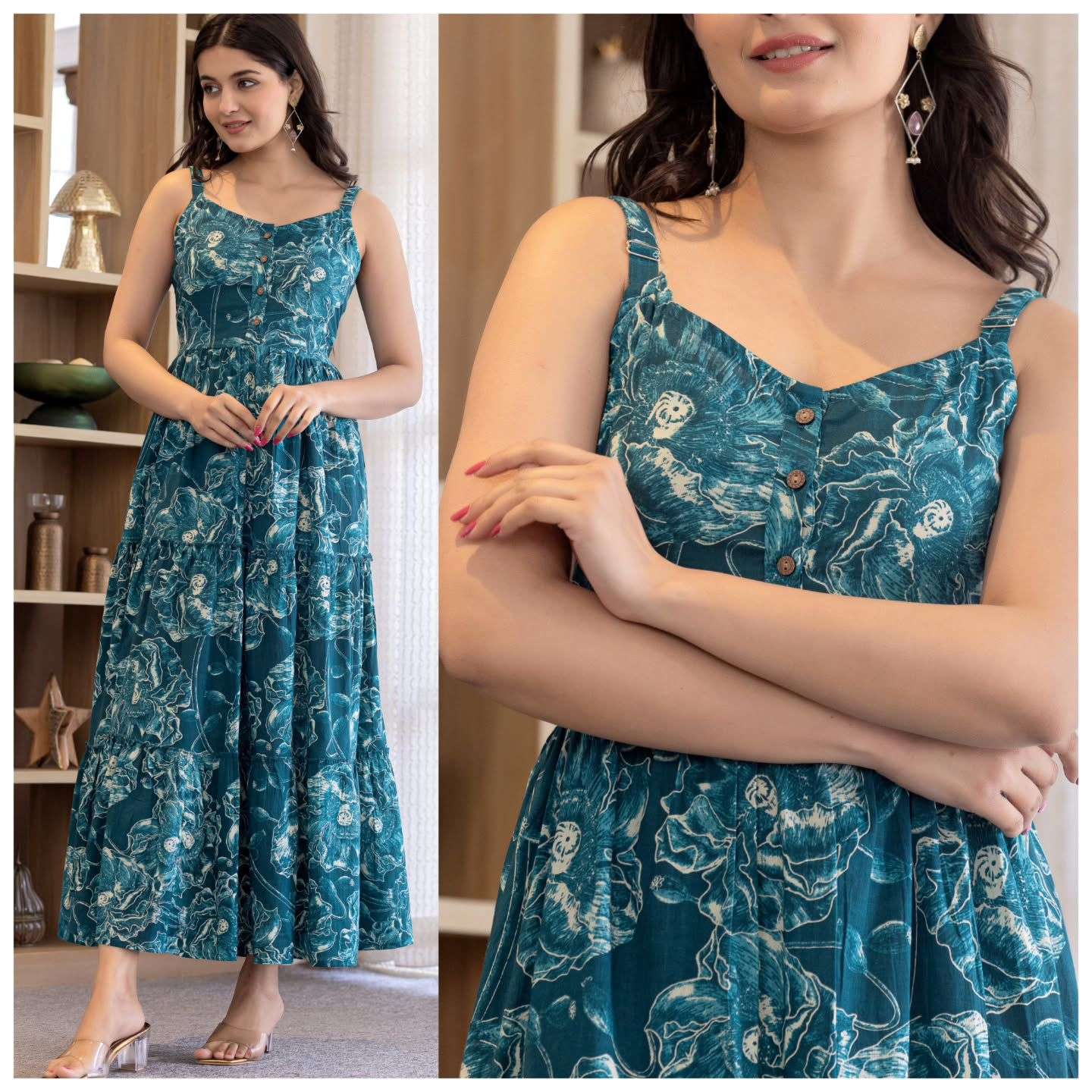 Coral Cotton print leeveless Ruffle Maxi Dress 