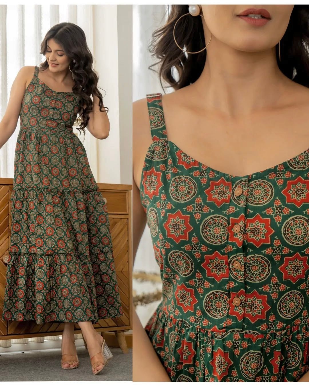 Coral Cotton print leeveless Ruffle Maxi Dress 
