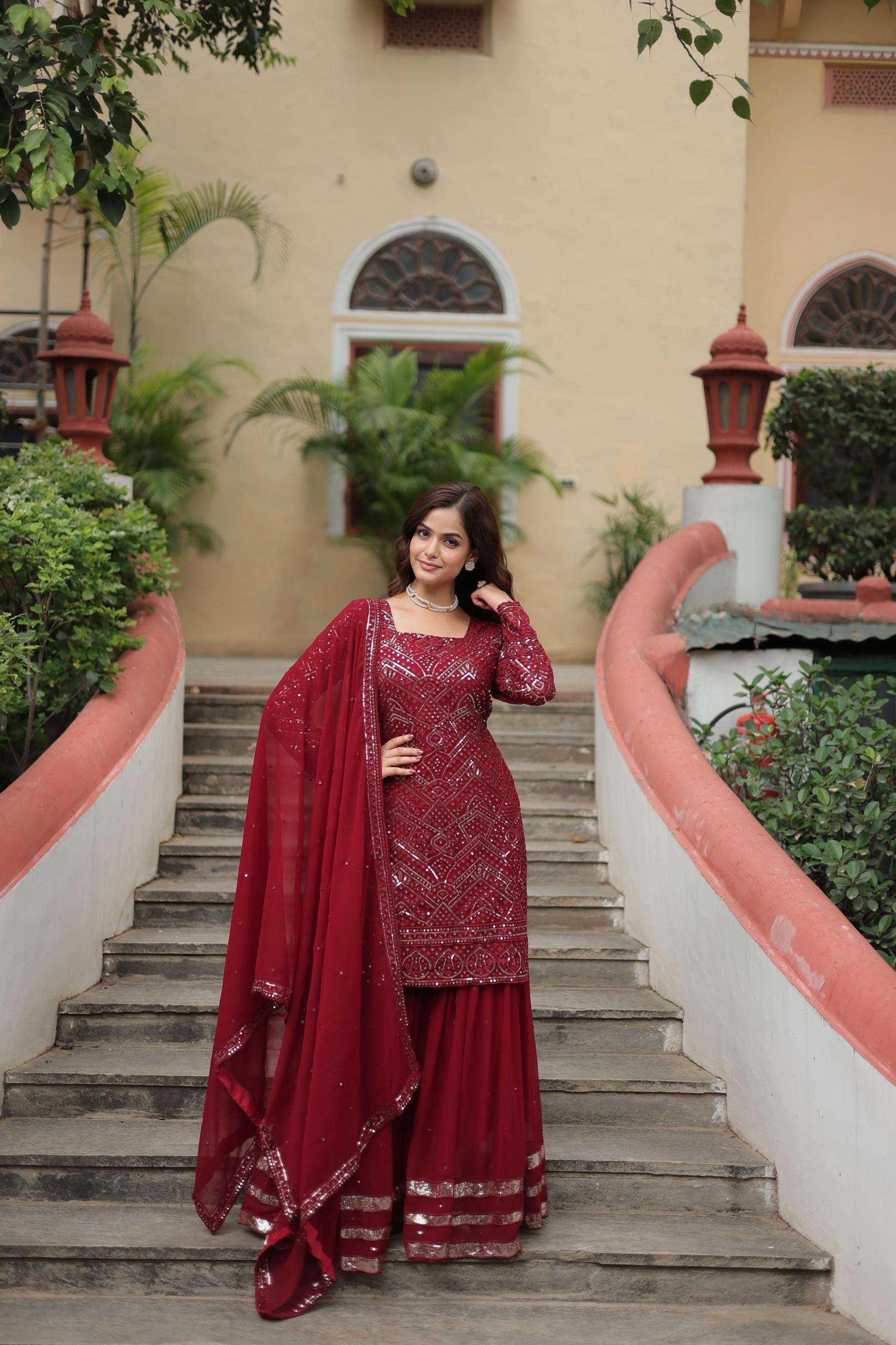 ka 1133 faux georgette full stitch shop trendy sharara kurti with dupatta combo set