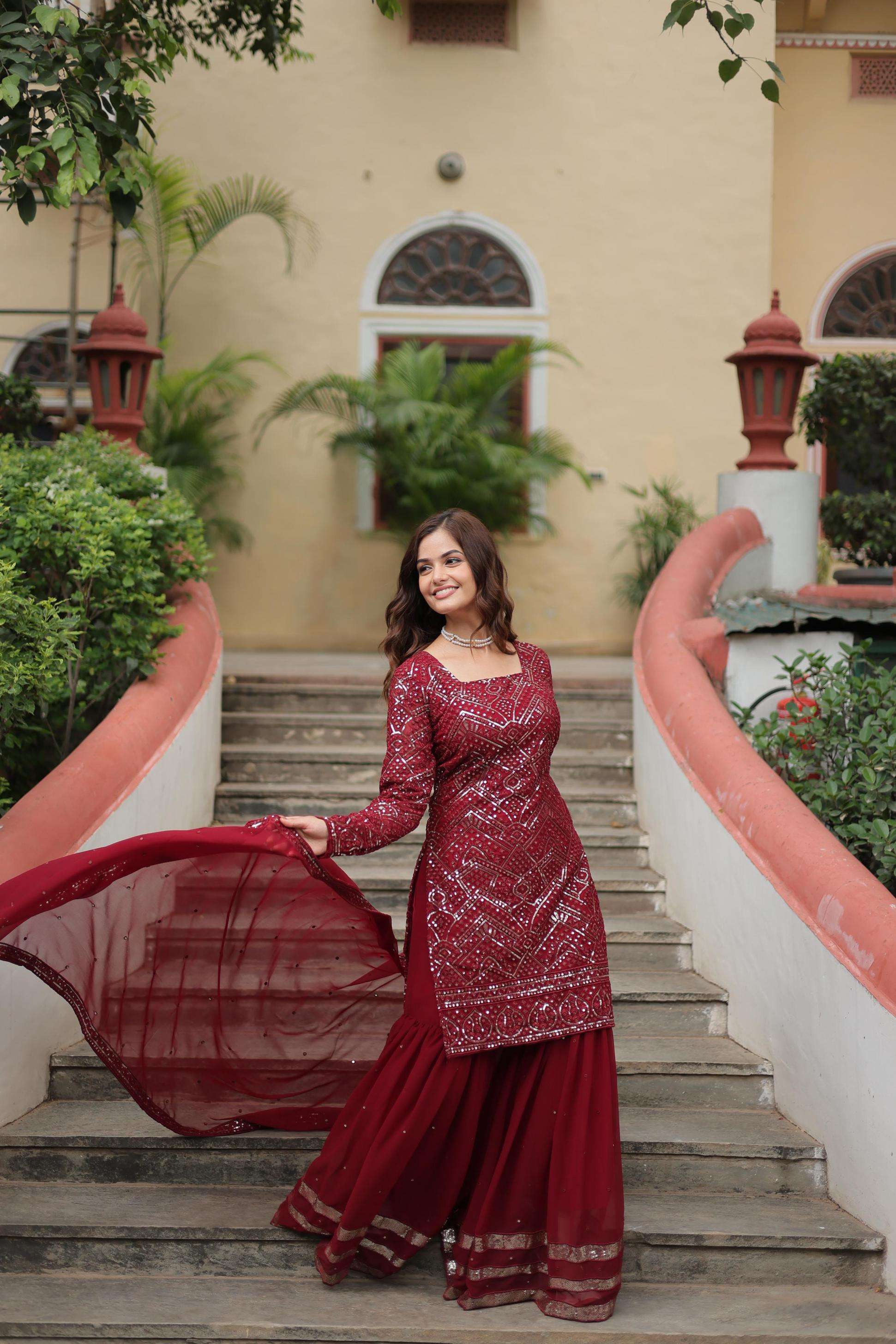 ka 1133 faux georgette full stitch shop trendy sharara kurti with dupatta combo set