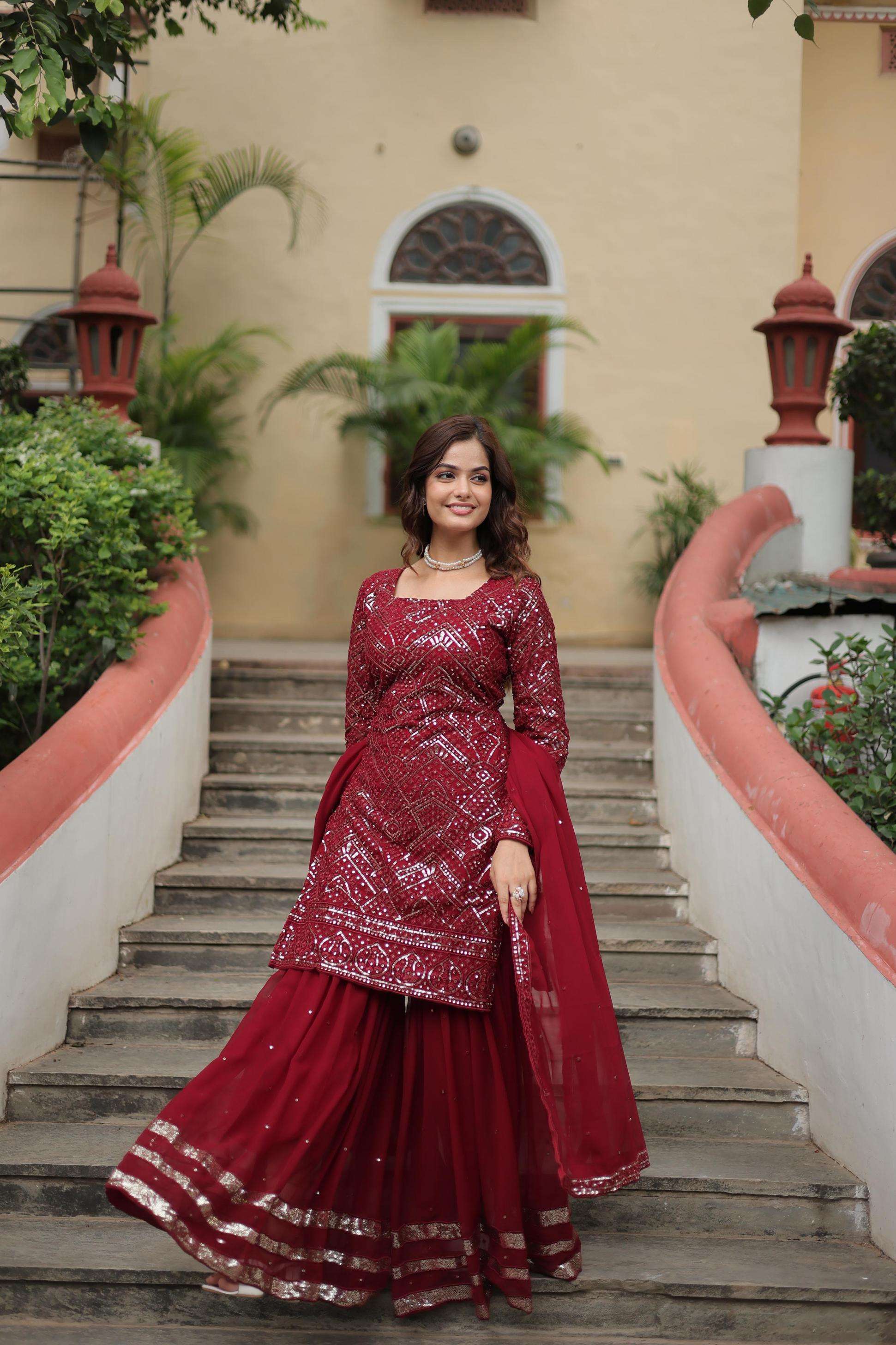 ka 1133 faux georgette full stitch shop trendy sharara kurti with dupatta combo set