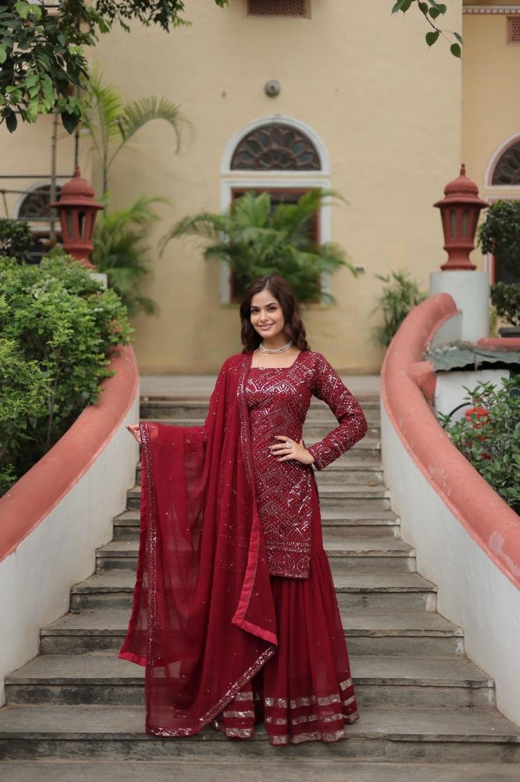 ka 1133 faux georgette full stitch shop trendy sharara kurti with dupatta combo set