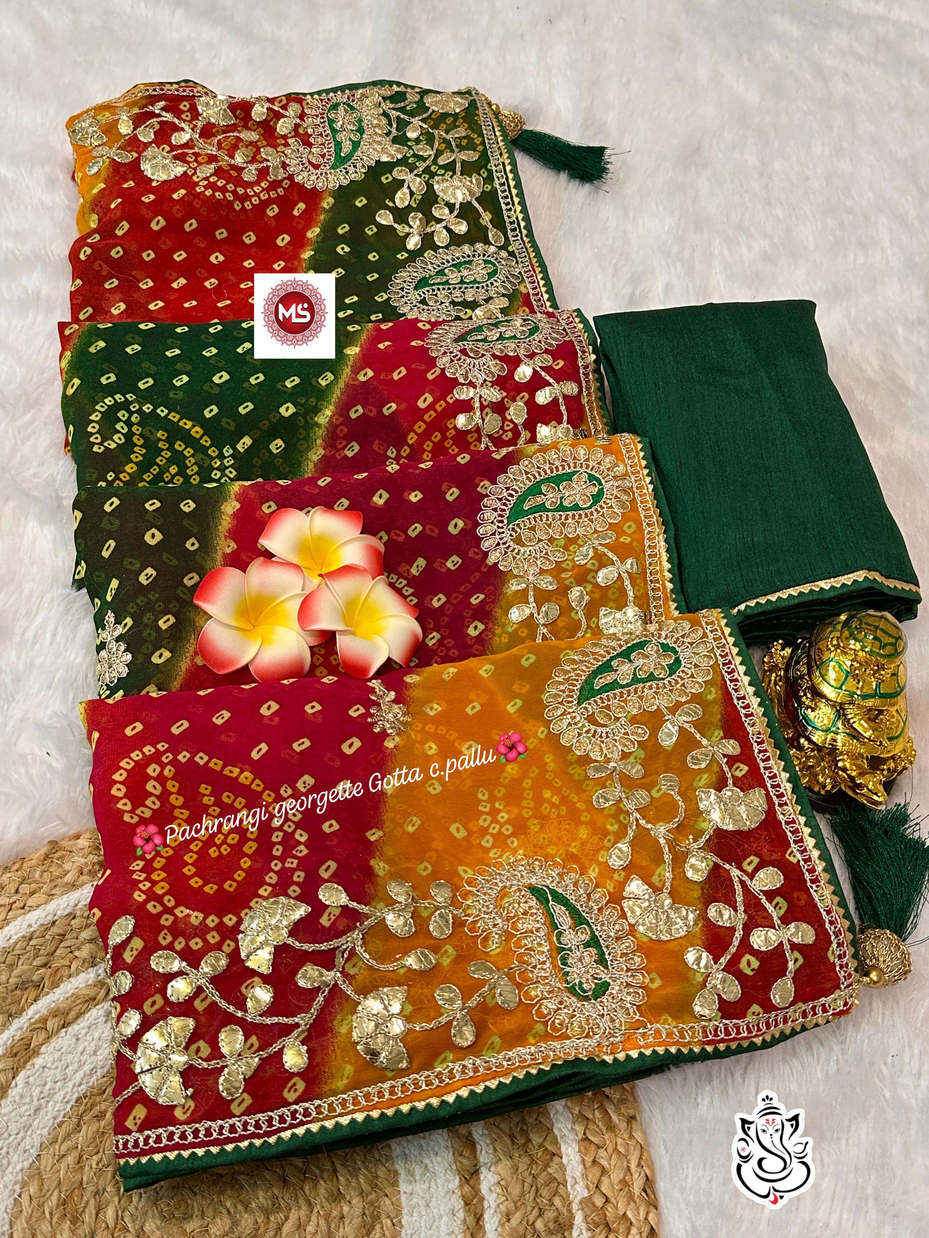 MS BRAND blooming pachrangi georget special bandhej pattern sarees