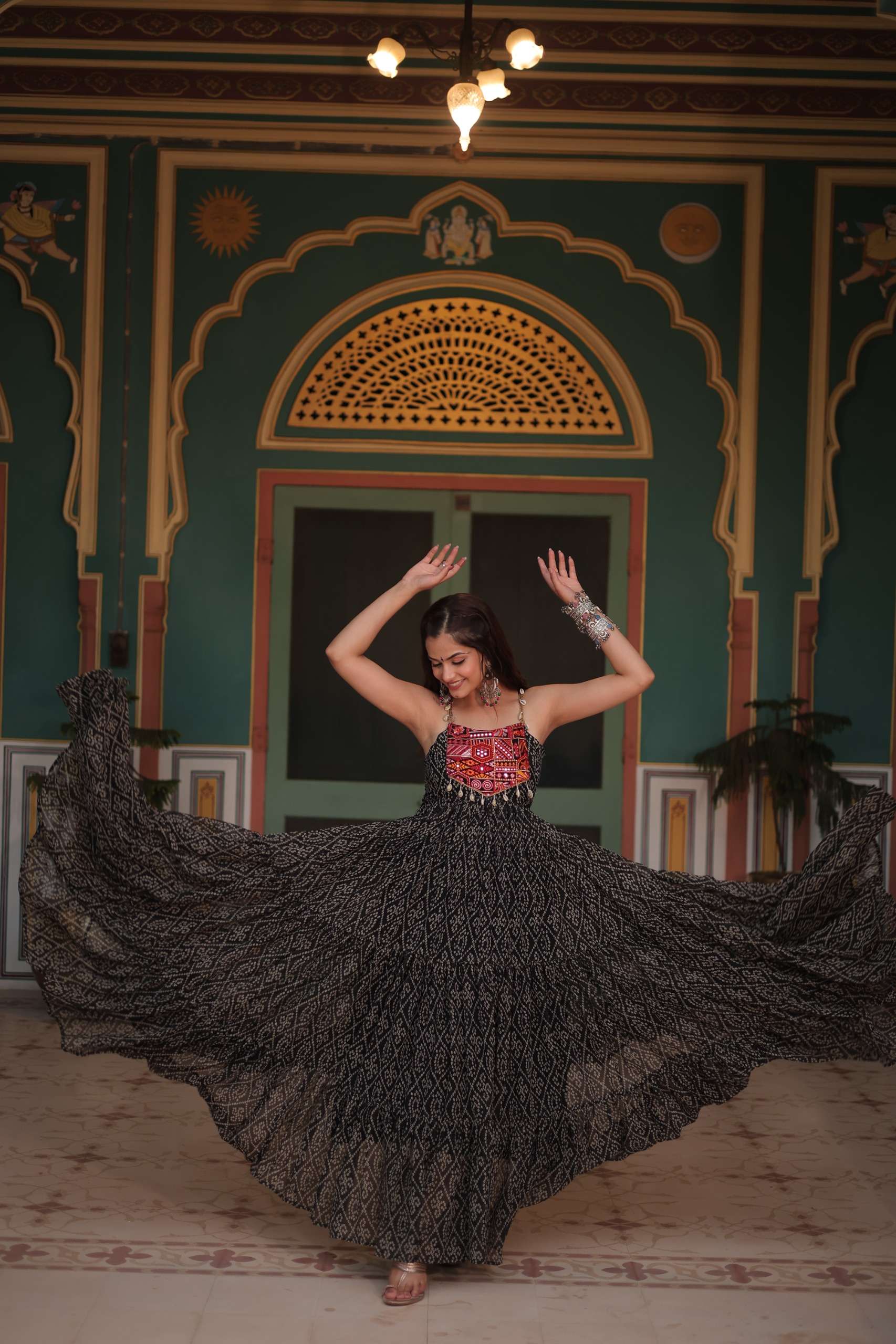 KHUSHI-1119 Bandhani Print work with kutchi patchework in Faux Georgette gown