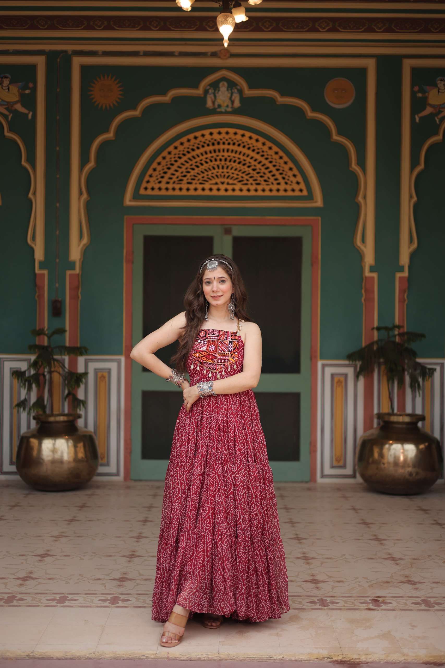 KHUSHI-1119 Bandhani Print work with kutchi patchework in Faux Georgette gown