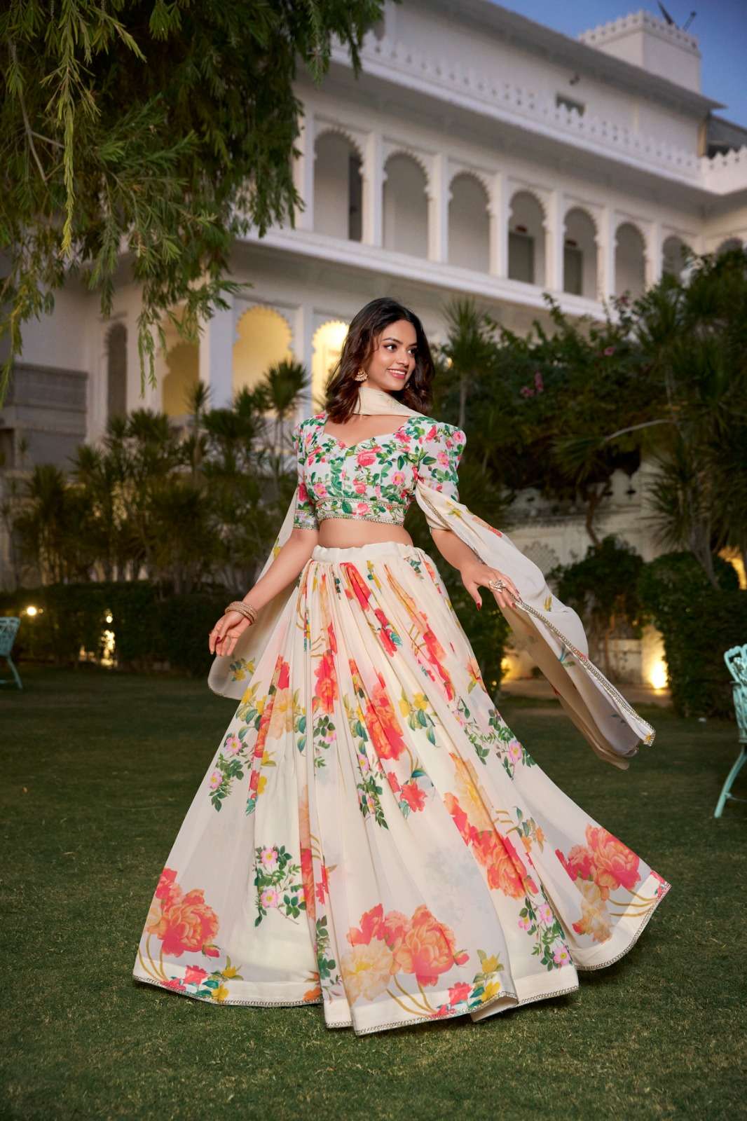 LNB1021CRM Georgette  Floral Print With Lace Border wholesale lehenga