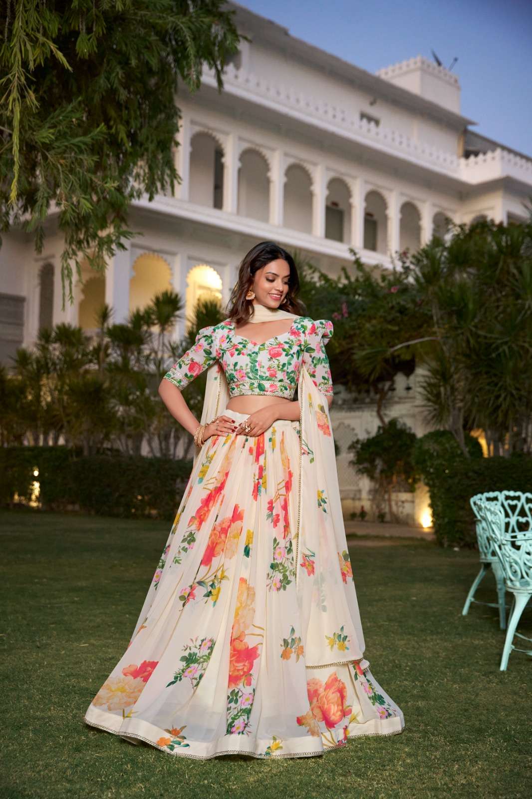 LNB1021CRM Georgette  Floral Print With Lace Border wholesale lehenga