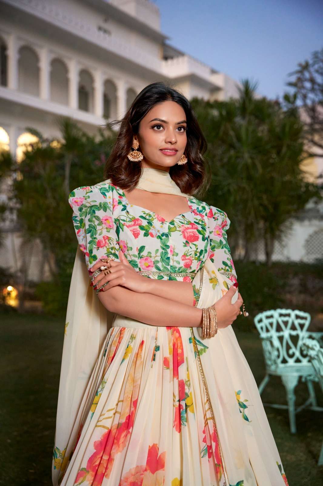 LNB1021CRM Georgette  Floral Print With Lace Border wholesale lehenga