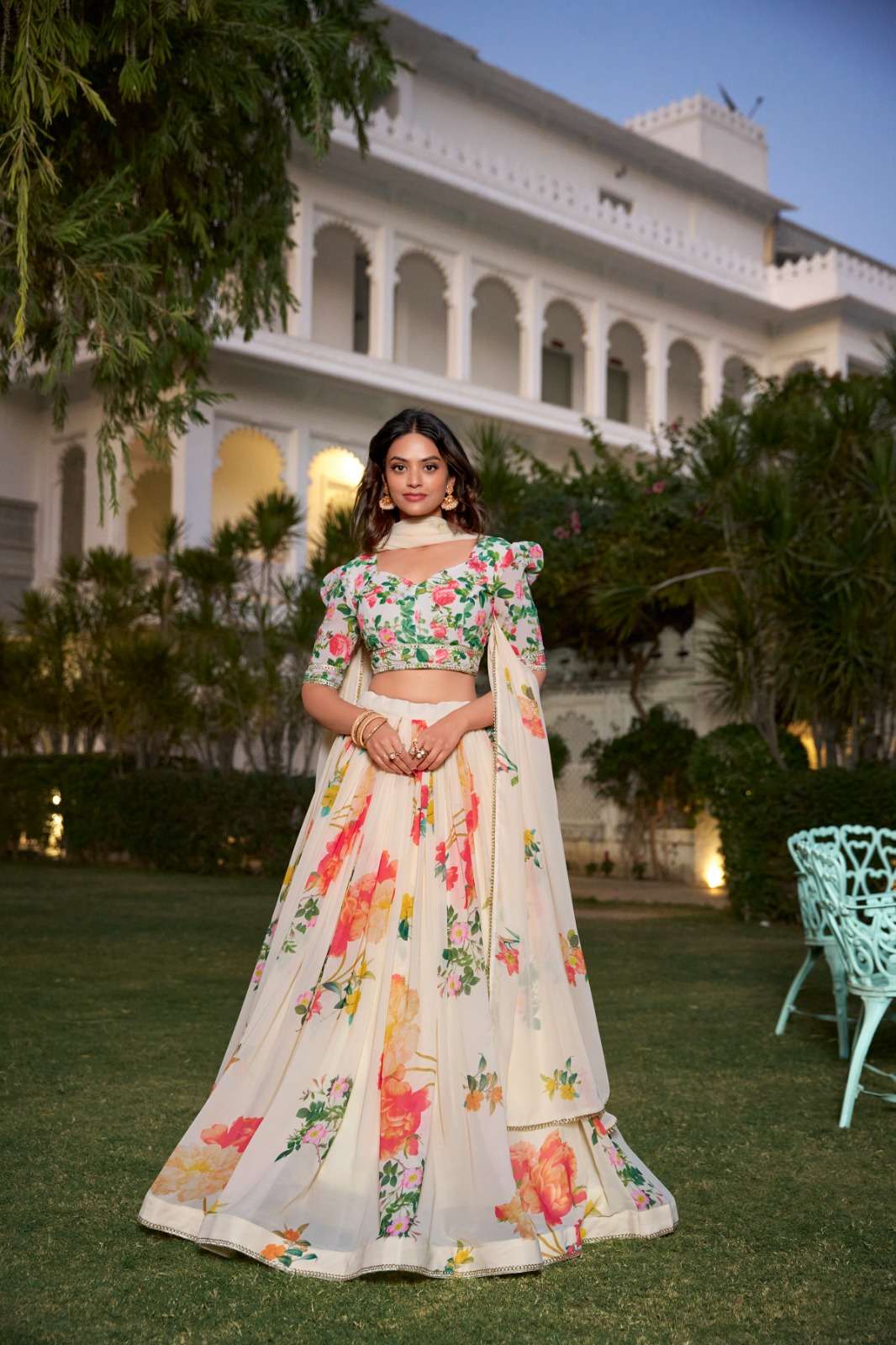 LNB1021CRM Georgette  Floral Print With Lace Border wholesale lehenga