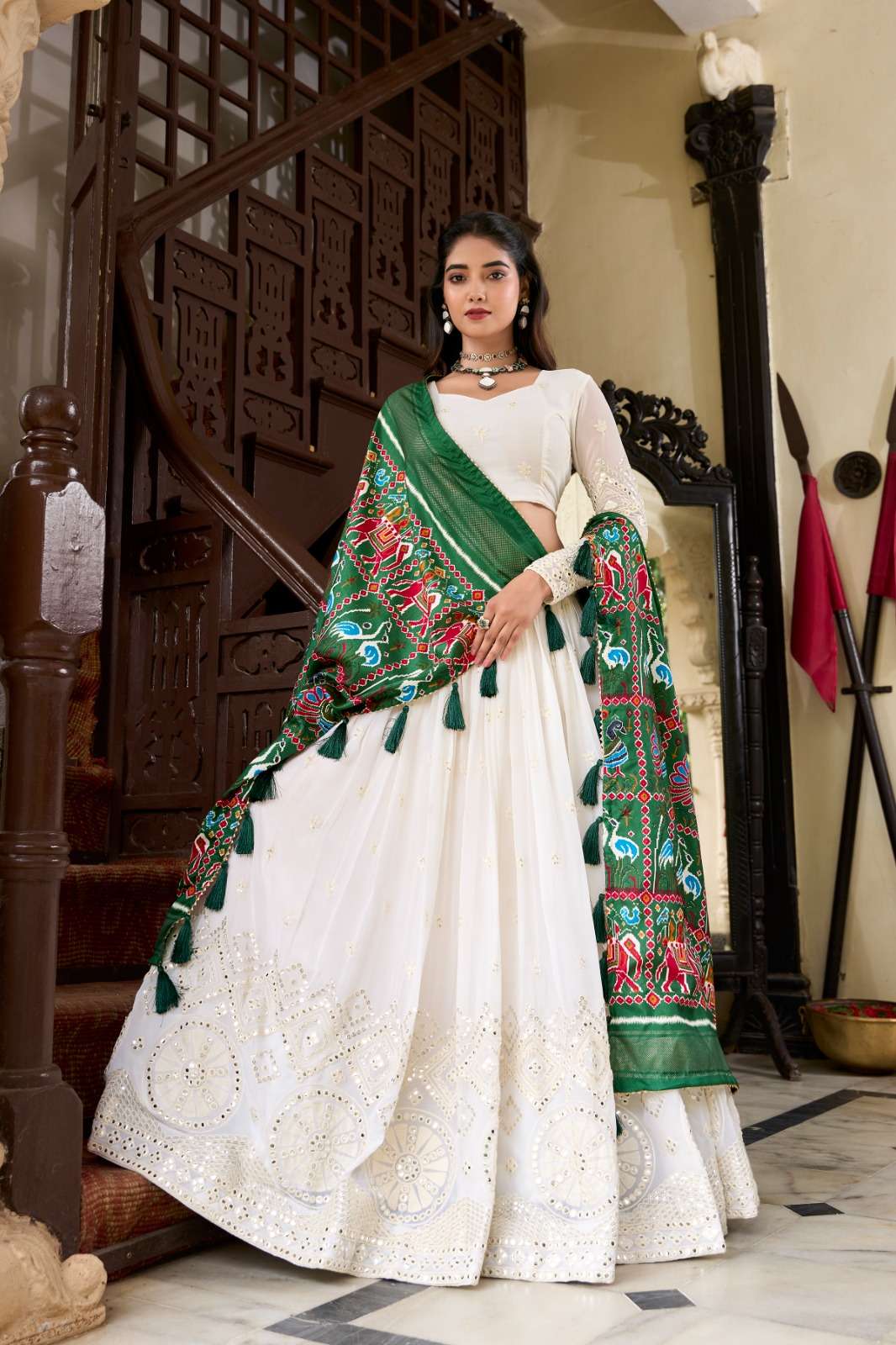 LNB1500WHT Georgette Lucknowi Paper Mirror Work wholesale lehenga