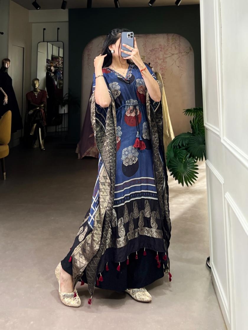 nnk3022 viscose zari border mirror work readymade kaftan kurtis