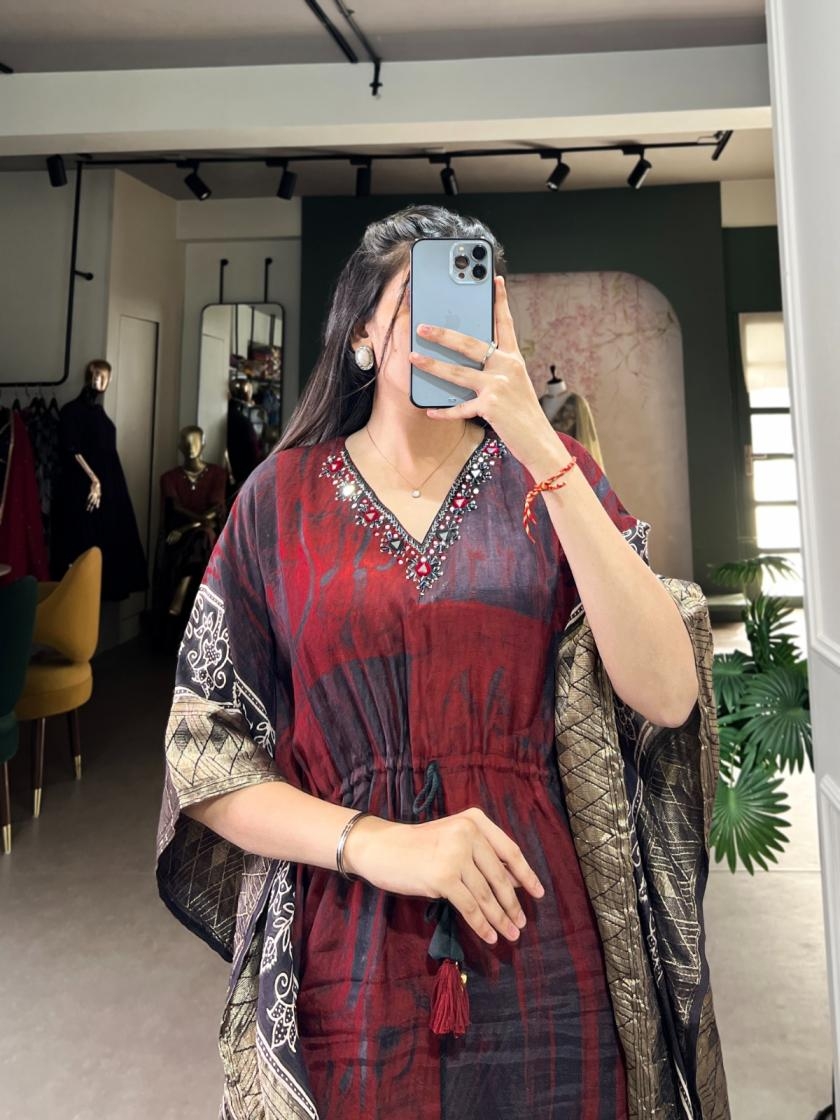 nnk3022 viscose zari border mirror work readymade kaftan kurtis
