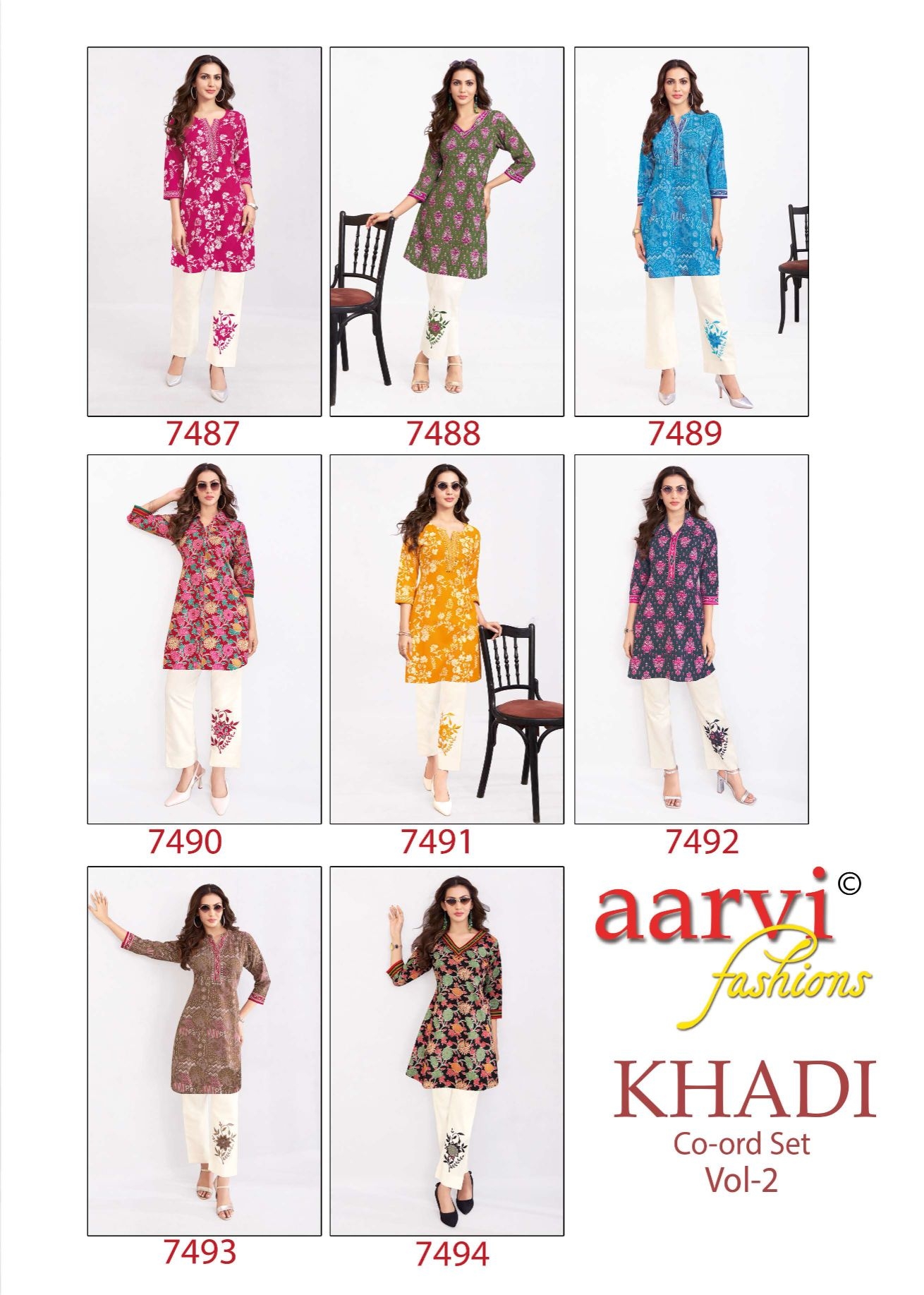 Aarvi Khadi Vol-2 series 7487 to 7494 Pure Cotton Flex Printed With Hand Cord Sets in wholesale surat