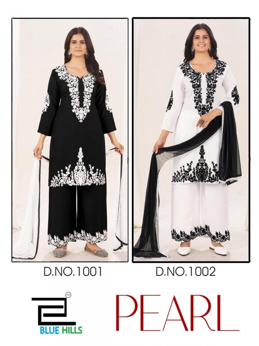  blue hills pearl series 1001 to 1002 classy rayon thread work readymade big size suits in wholesale surat